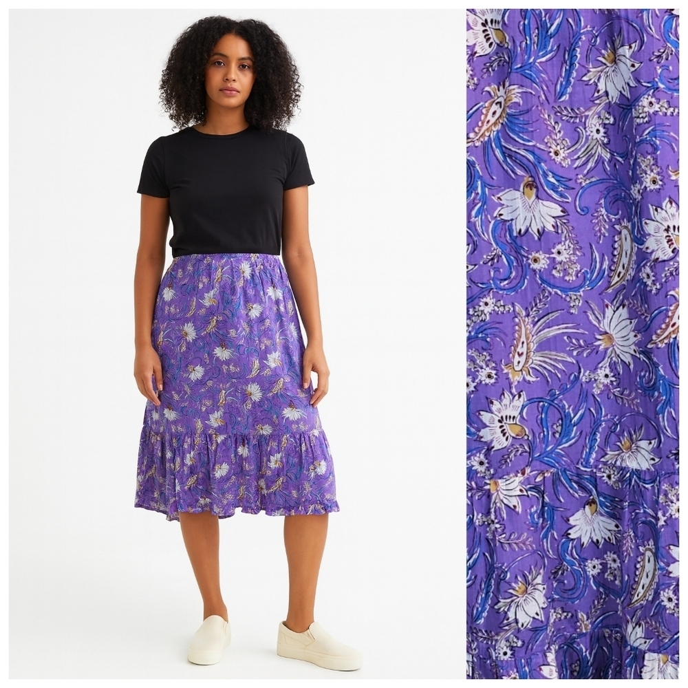 J. Jill Purple Floral Tiered Midi Skirt L Boho Cottagecore Elastic Waist Cotton